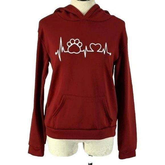 Boutique Woman's Paw Animal Print Heartbeat Burgundy Hooded Sweater Medium‎ - Picture 1 of 8